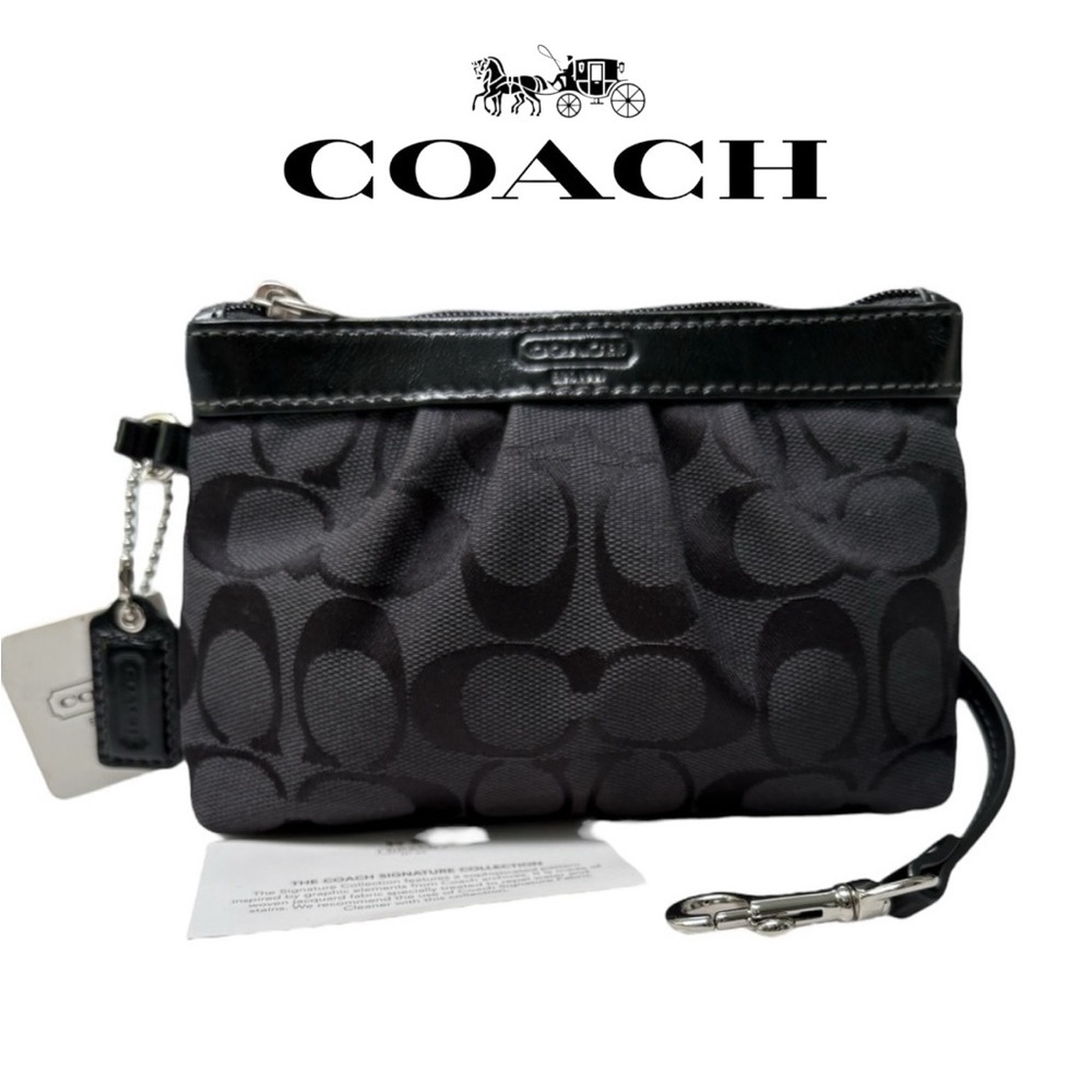 COACH Signature C Jacquard Wristlet with Patent Trim Black NWT